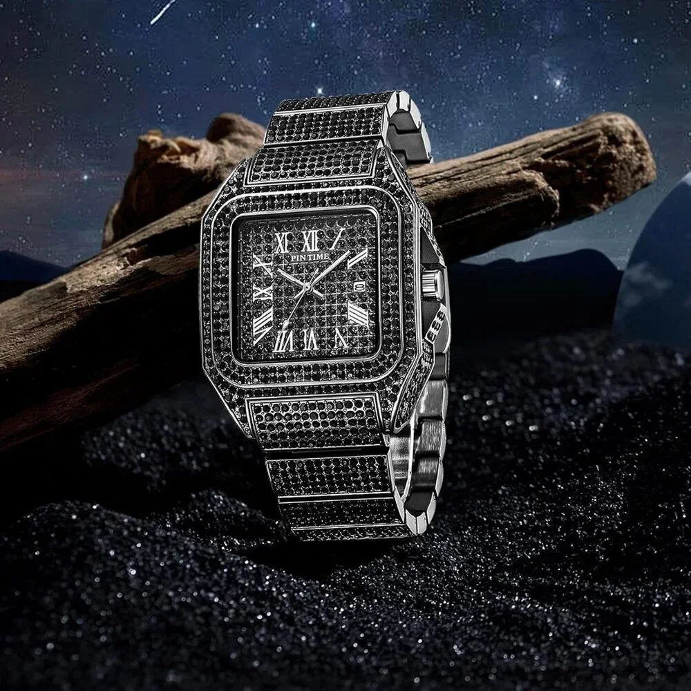 Men's Black Crystal Bling Rectangle Case Stainless Steel Quartz Analog Watch